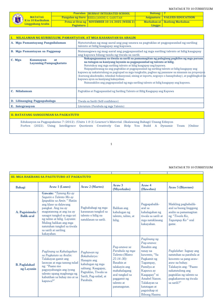 DLL Matatag - Values Education 7 Q3 W2 | PDF