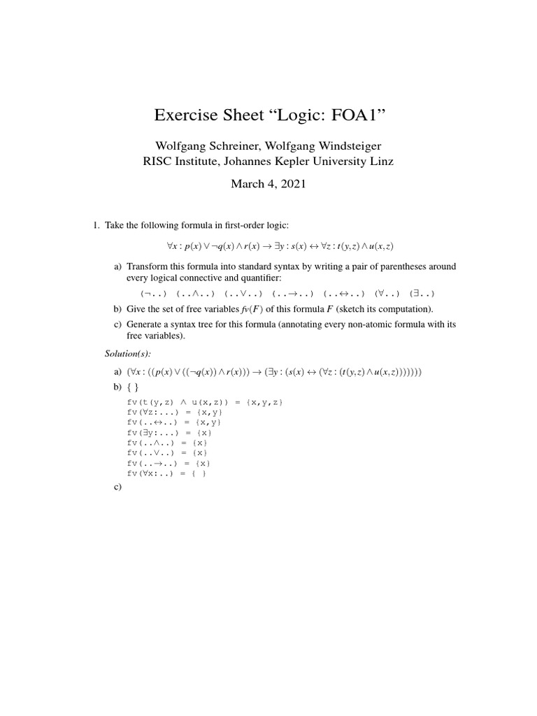 First-Order Logic Exercise Solutions | PDF | Grammar | Metalogic