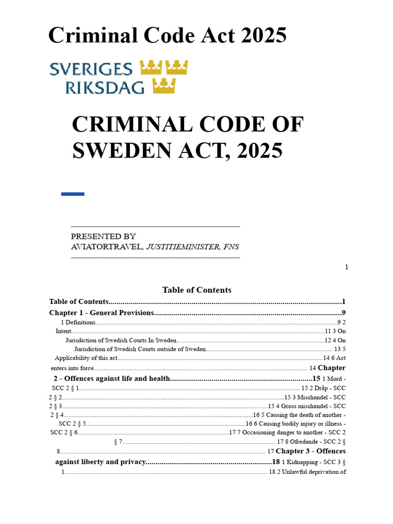 Sweden Criminal Code Act 2025 | PDF | Search Warrant | Treason
