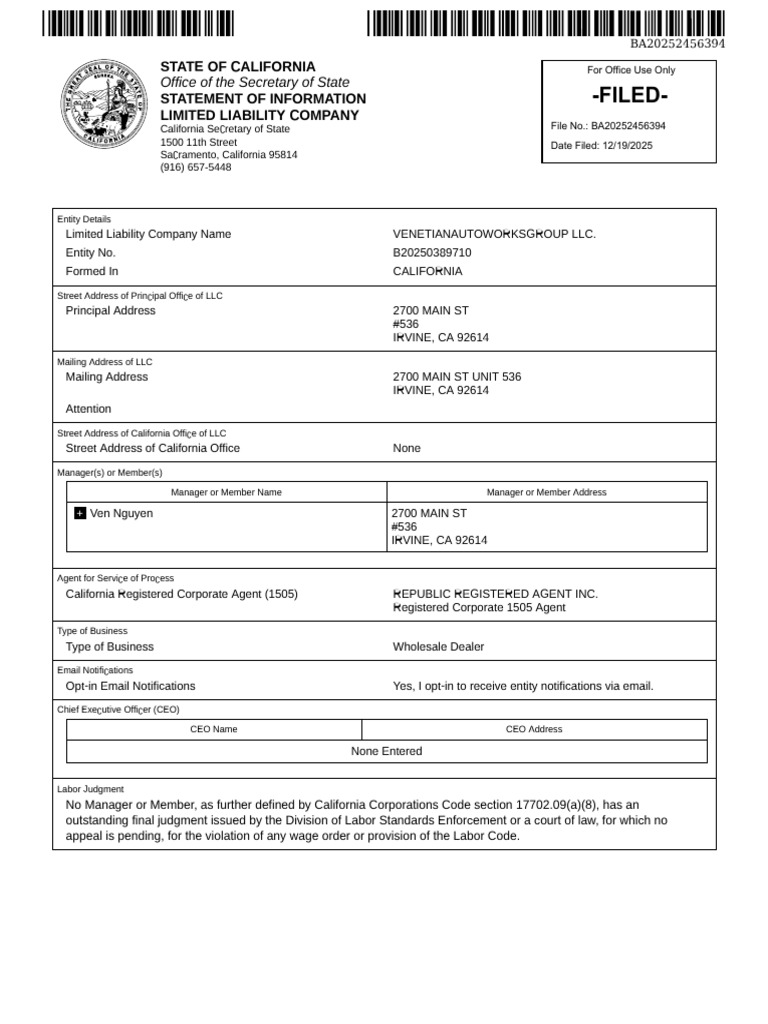 VenetiAutoWorksGroup LLC Details | PDF | Limited Liability Company ...
