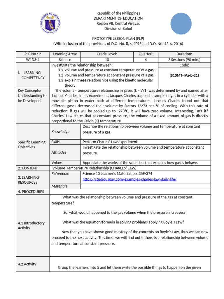 Charles' Law Lesson Plan for Grade 10 Science | PDF | Gases | Temperature