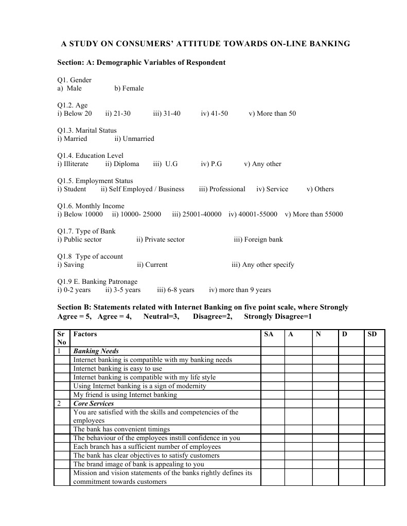 Questionnaire On EBanking Online Banking Banks & Banking