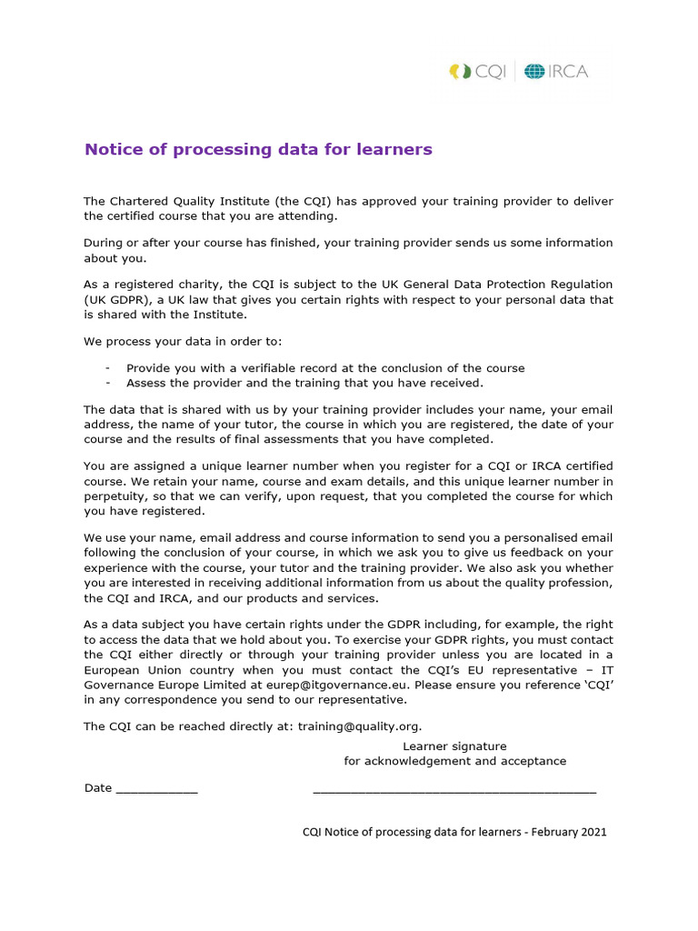 Data Processing Notice for Learners | PDF