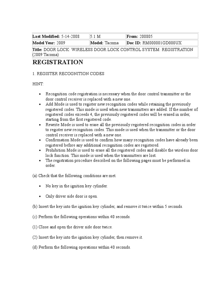 2009 Tacoma Wireless Door Lock Setup | PDF | Lock (Security Device)