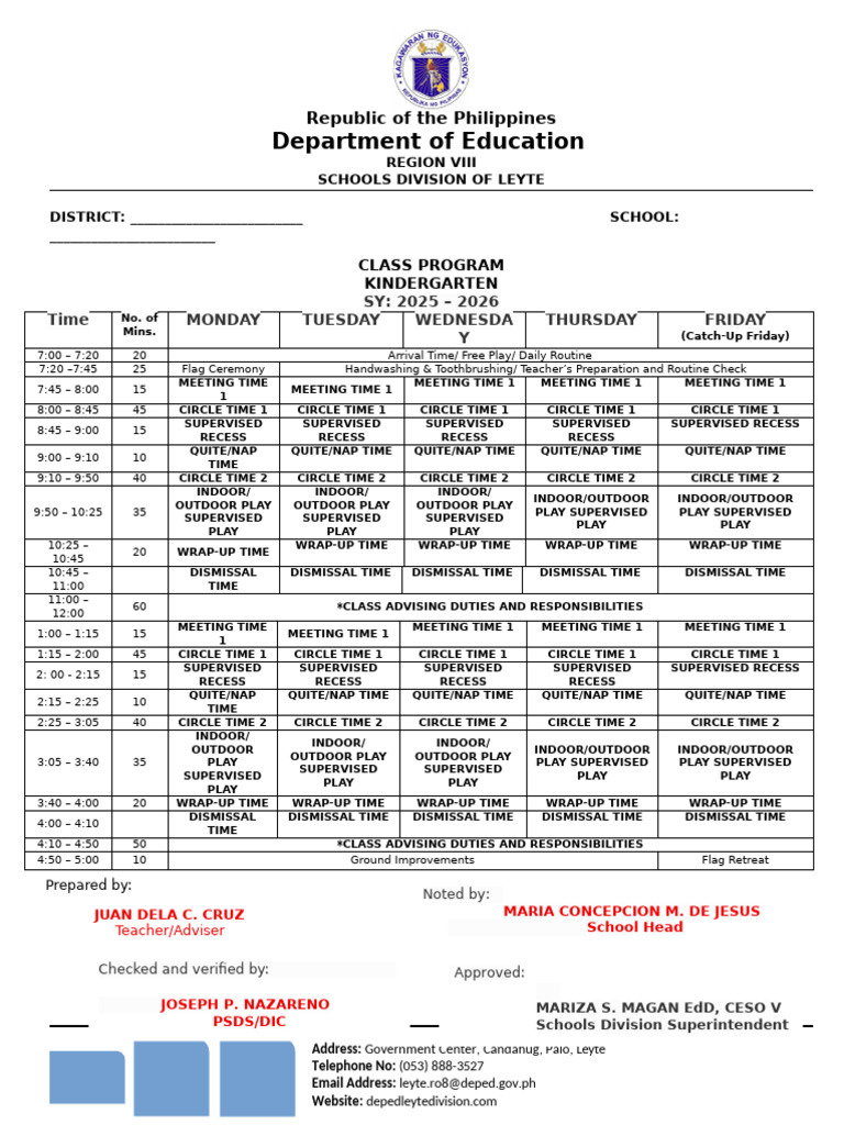 Kindergarten Class Program 2025-2026 | PDF