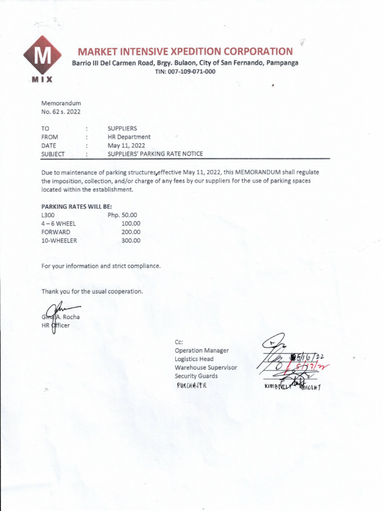 Memorandum No. 62 Series 2022 - Suppliers' Parking Rate Notice | PDF