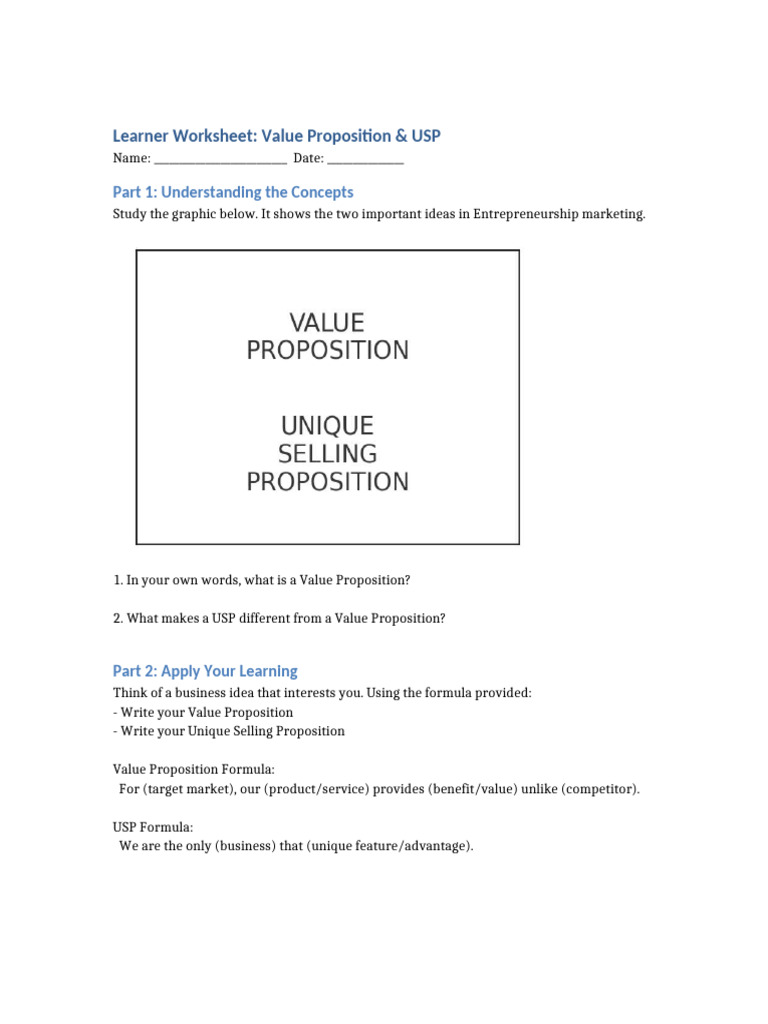 Value Proposition & USP Worksheet | PDF
