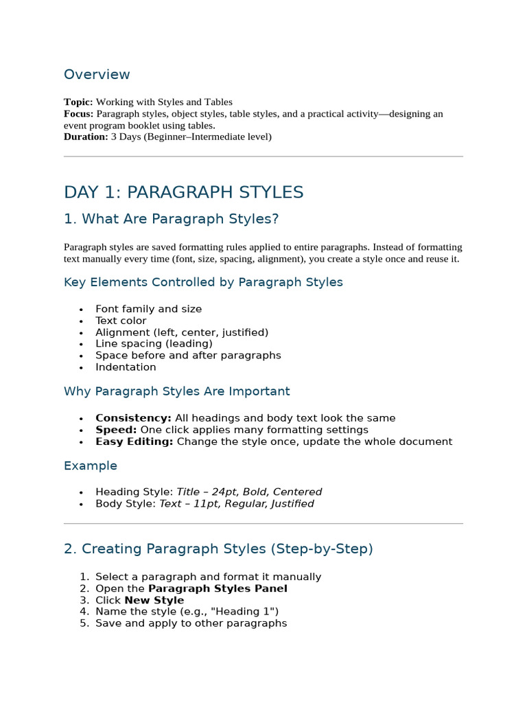 Styles and Tables for Event Booklets | PDF | Paragraph | Text