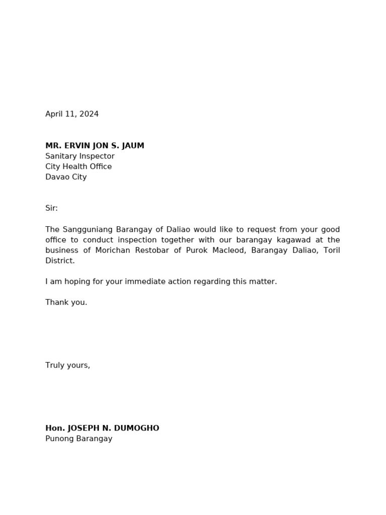 Request for Sanitary Inspection at Morichan Restobar | PDF