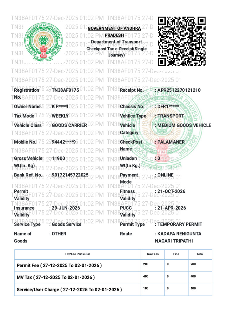 Andhra Pradesh Checkpost Tax e-Receipt | PDF | Payments | Service ...