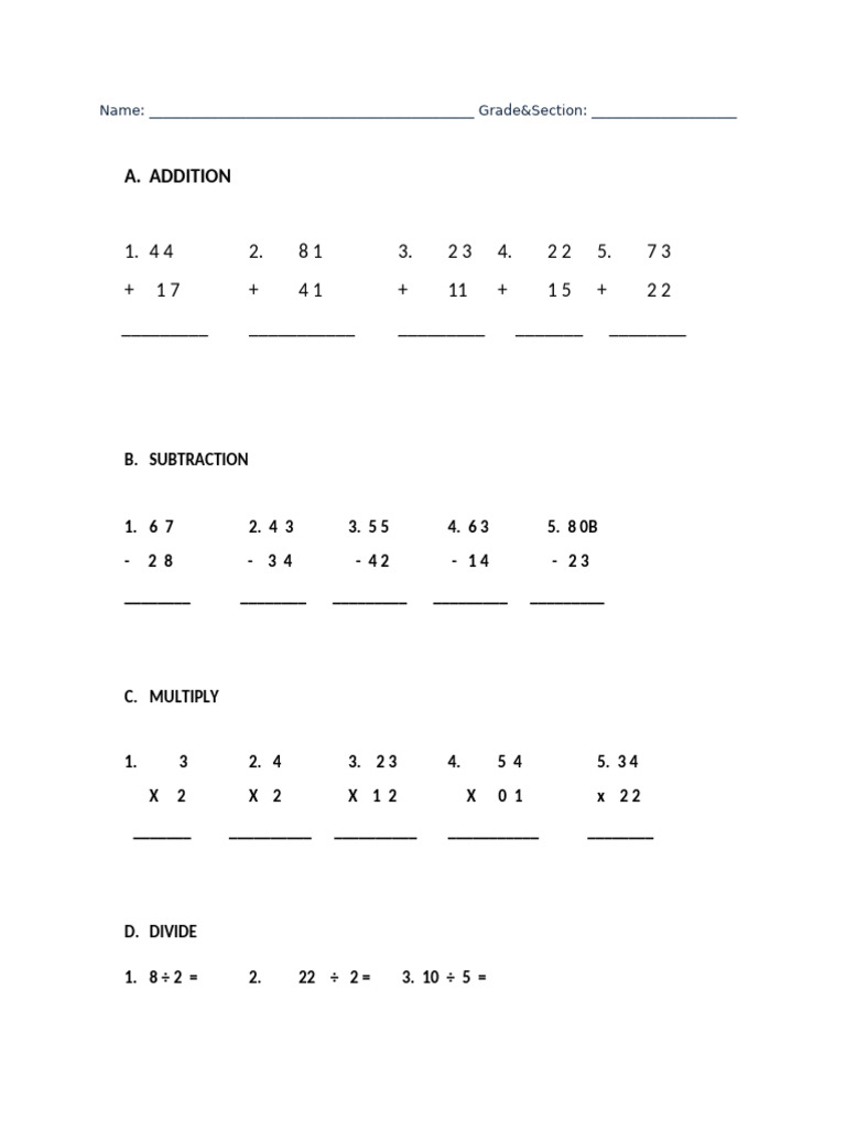 Math Practice Worksheet: Addition to Division | PDF