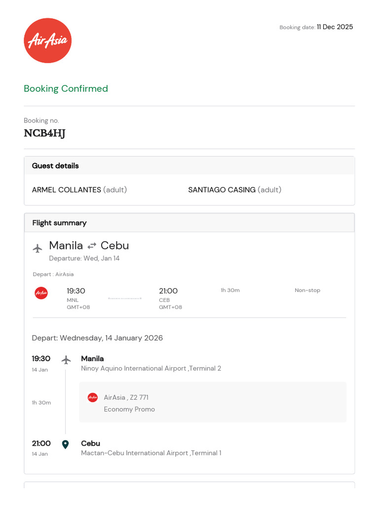 AirAsia Itinerary NCB4HJ | PDF