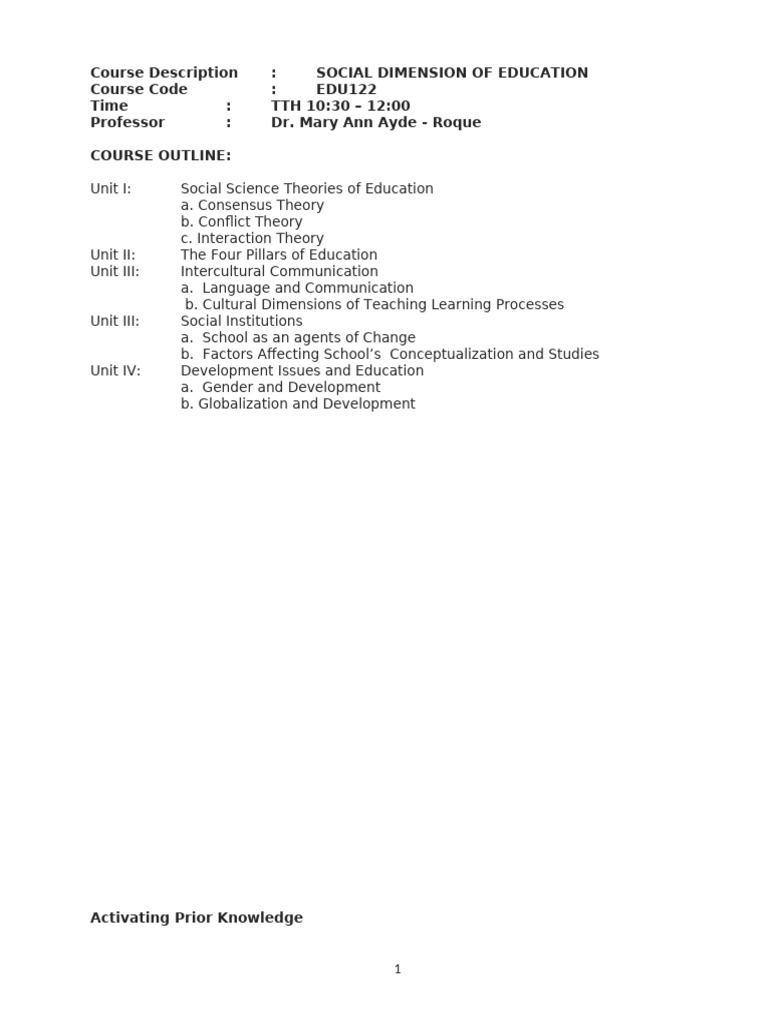 Social Dimension of Education Course Overview | PDF | System ...