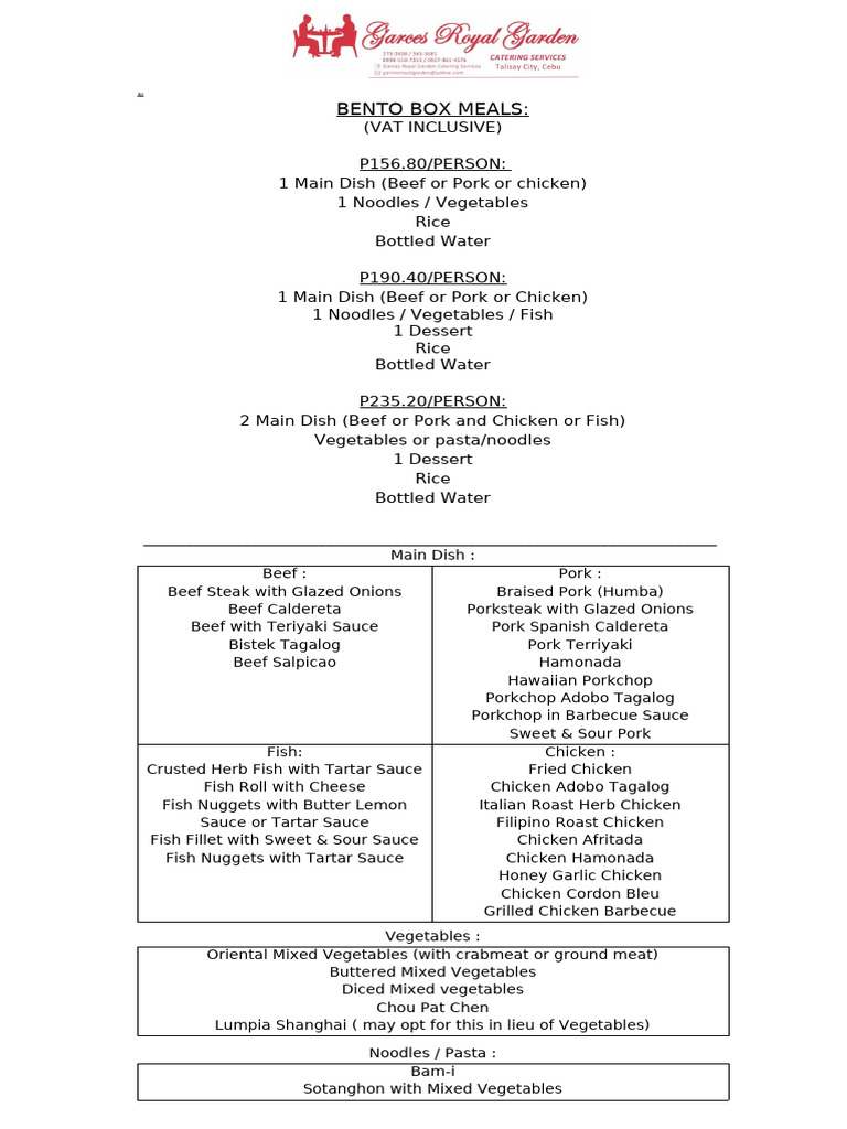 Bento Box Meal Options and Prices | PDF | European Cuisine | Cuisine