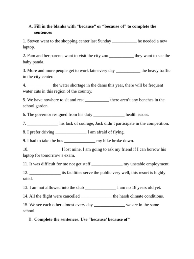Fill in the Blanks: Because vs. Because Of | PDF