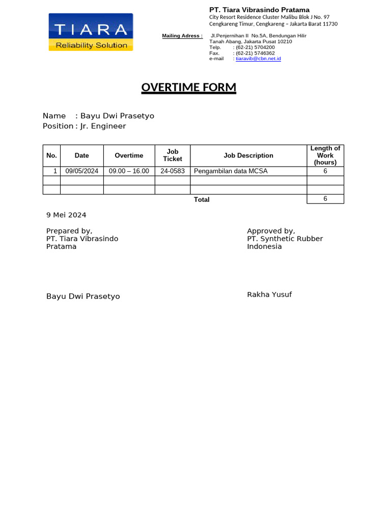 Overtime Form for PT. Tiara Vibrasindo | PDF