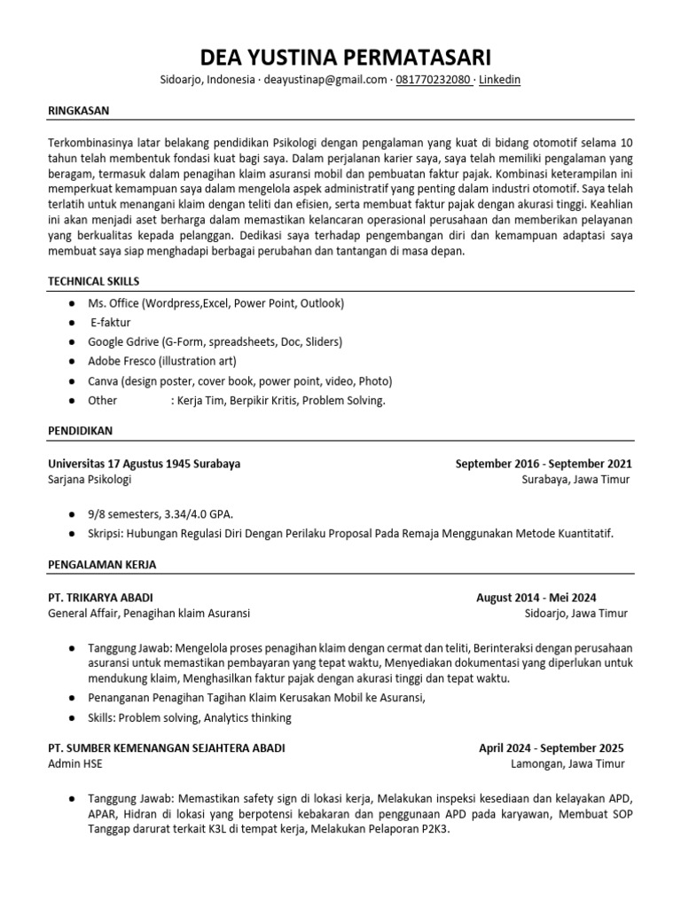 Profil Profesional Dea Yustina Permatasari | PDF