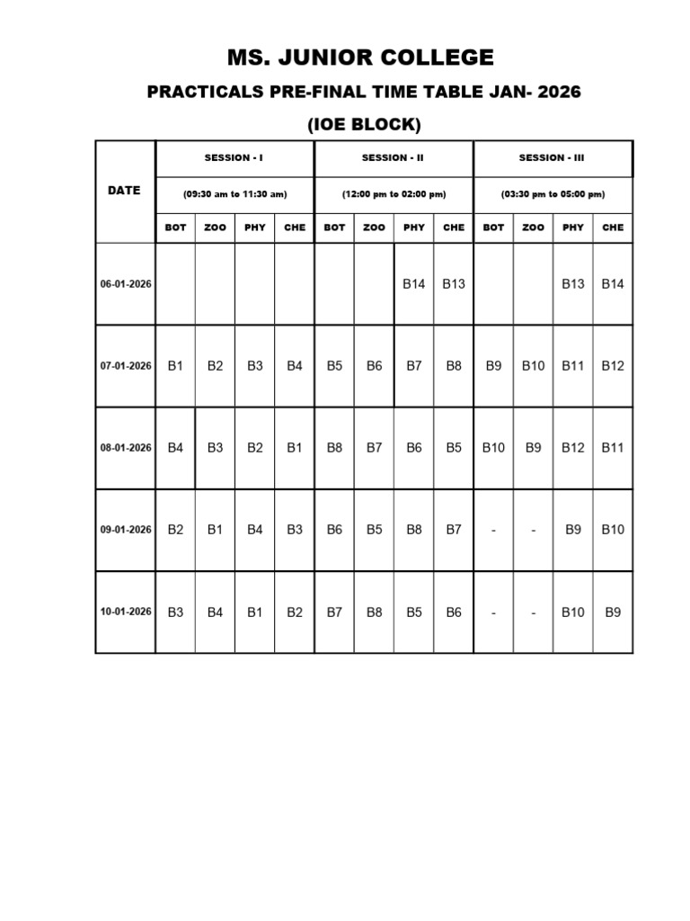 Junior College Practicals Time Table | PDF