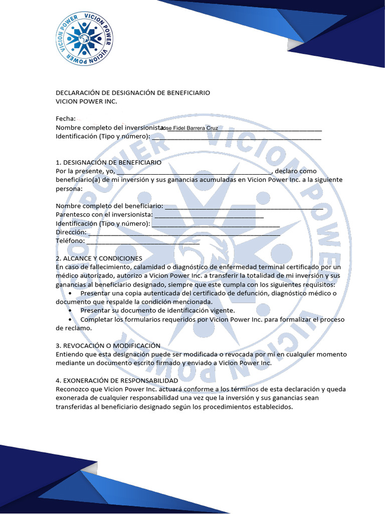 Declaration of Designation to Beneficary SPANISH | PDF