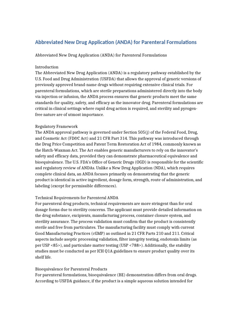 ANDA Process for Parenteral Drugs | PDF | Generic Drug | Food And Drug ...