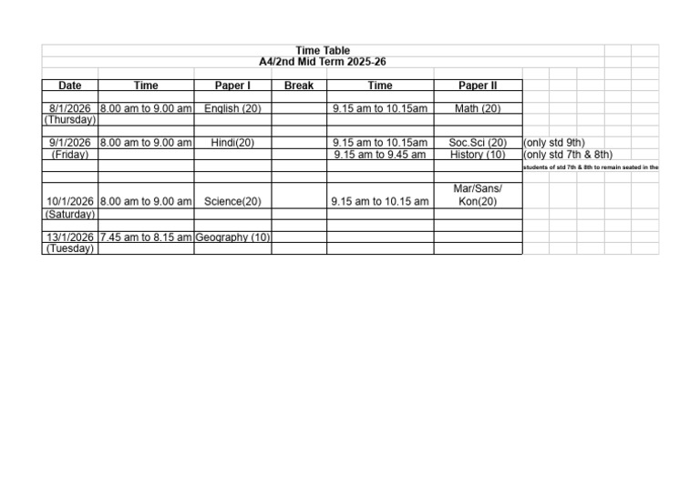 A4/2nd Mid Term Exam Schedule 2025-26 | PDF