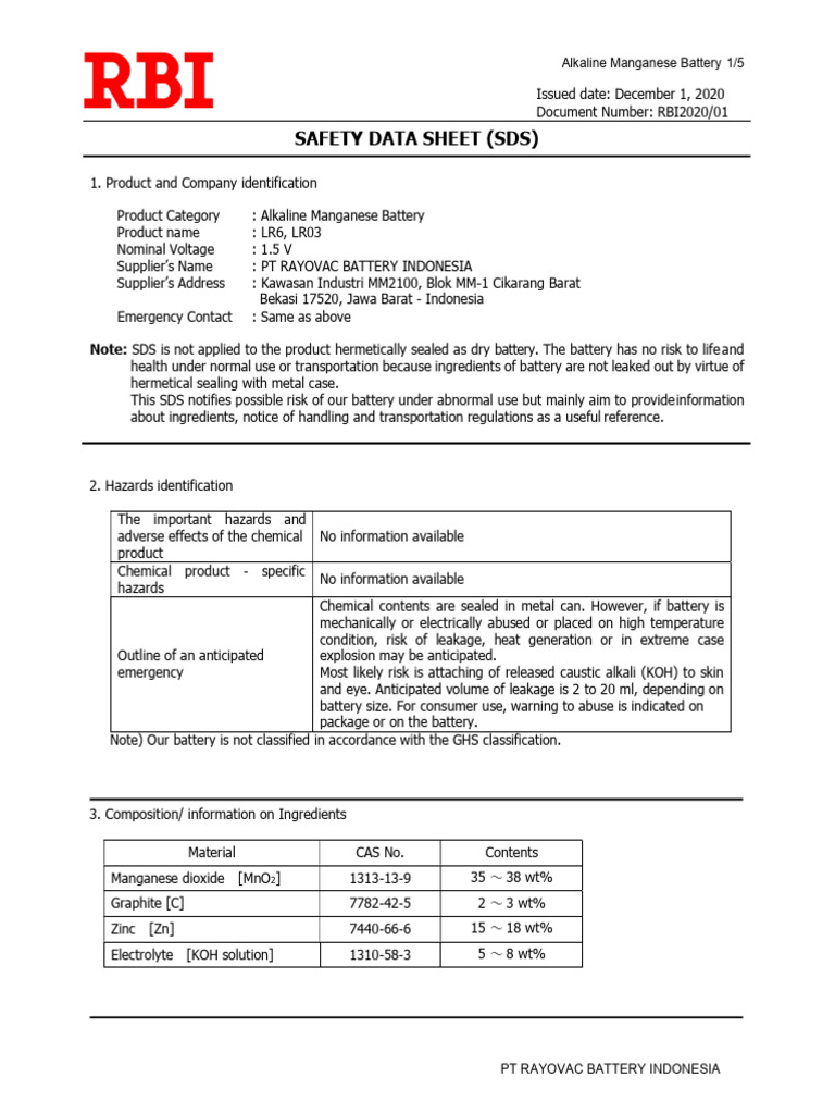 RBI-MSDS Alkaline Manganese Battery-New | PDF | Materials
