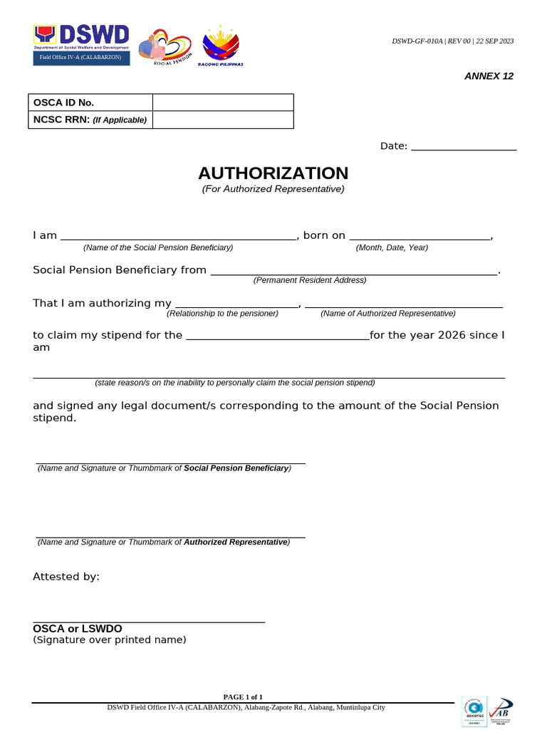 Social Pension Authorization Form 2026 | PDF
