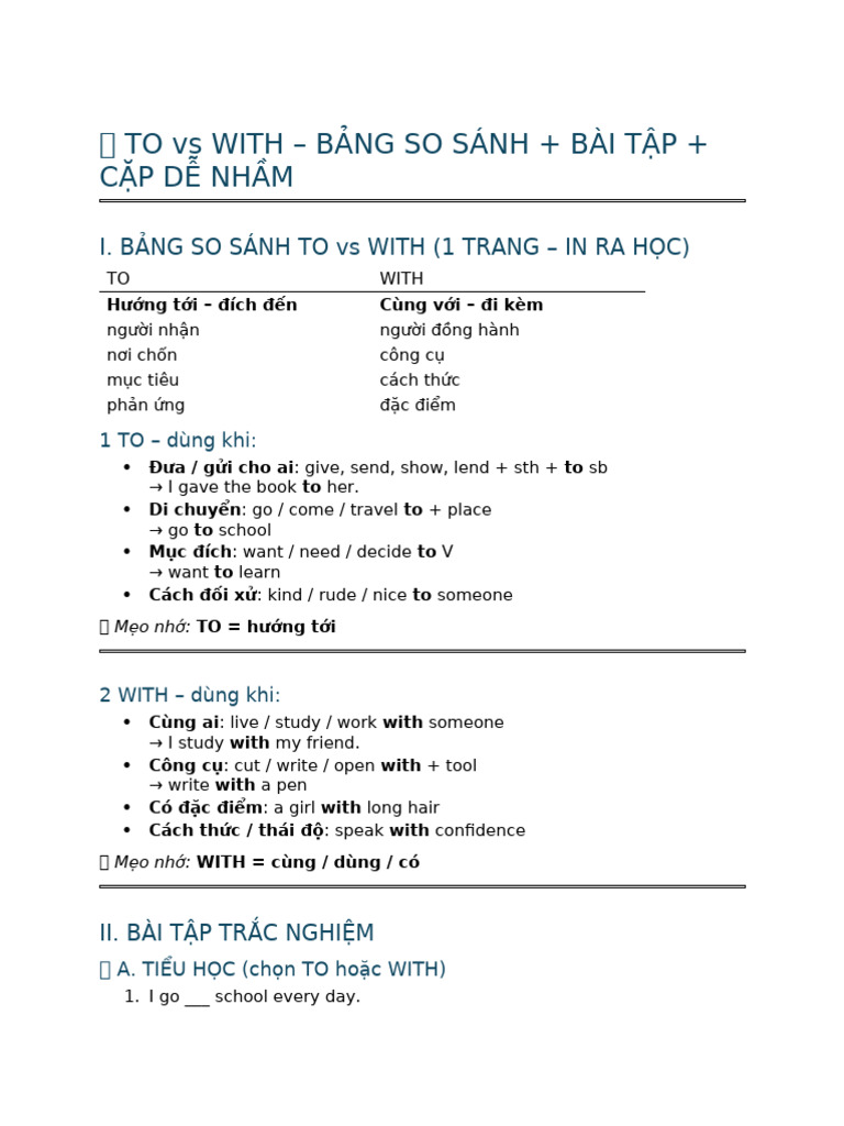 To vs With - Bảng So Sánh + Bài Tập + Cặp Dễ Nhầm | PDF