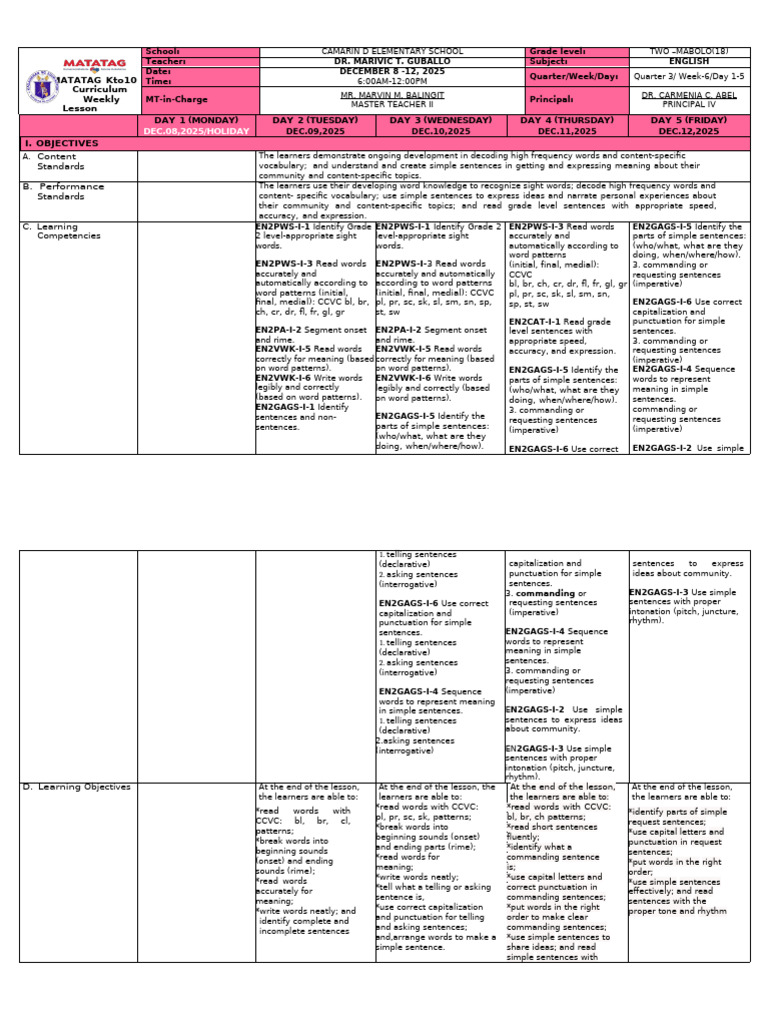 Grade 2 English Weekly Lesson Plan | PDF | Syllable | Vocabulary
