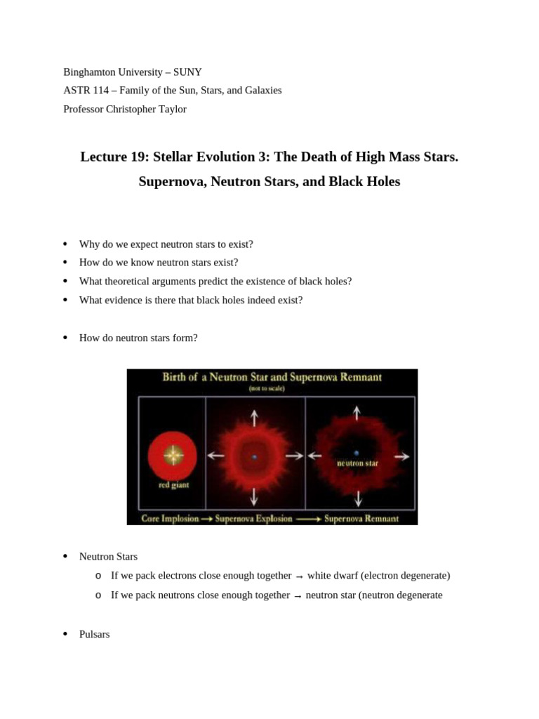 Notes On Lecture 19 - Stellar Evolution 3 The Death of High Mass Stars ...