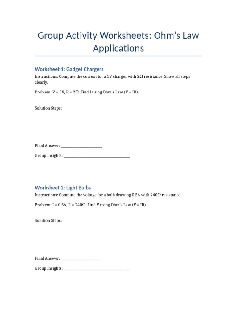 Ohm’s Law Group Activity Worksheets | PDF