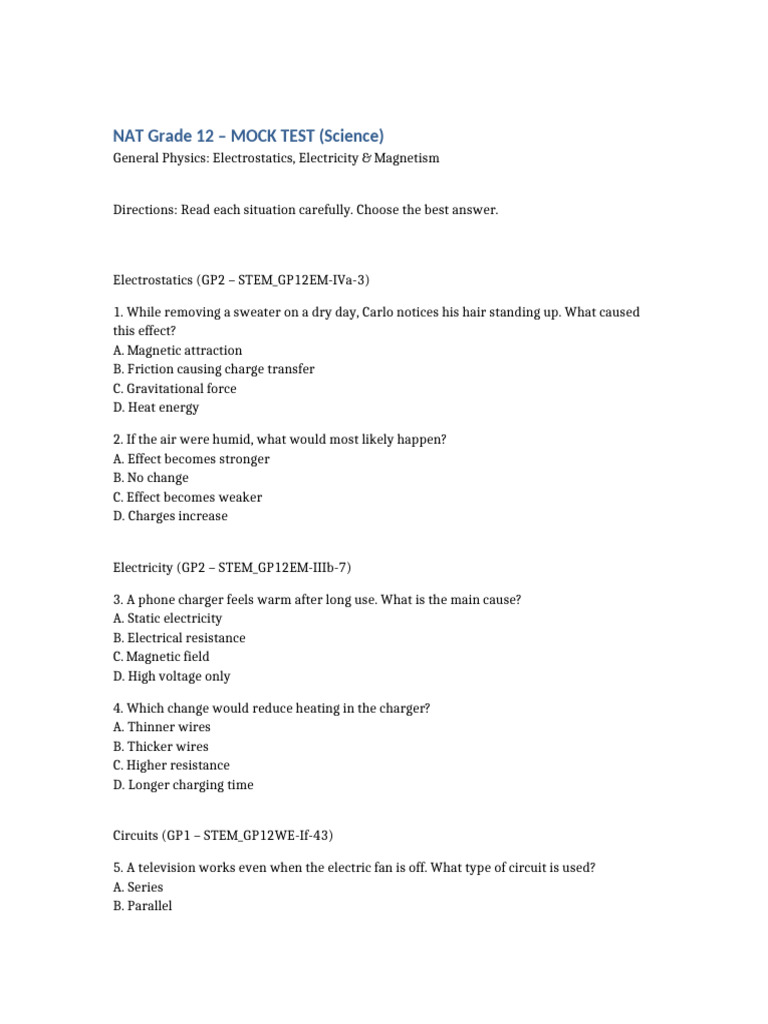 Grade 12 Science Mock Test: Physics | PDF | Electromagnetic Induction ...