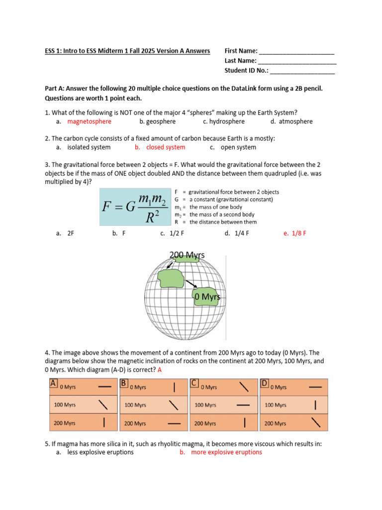 ESS Midterm 1 Fall 2025 Answers | PDF | Rock (Geology) | Plate Tectonics
