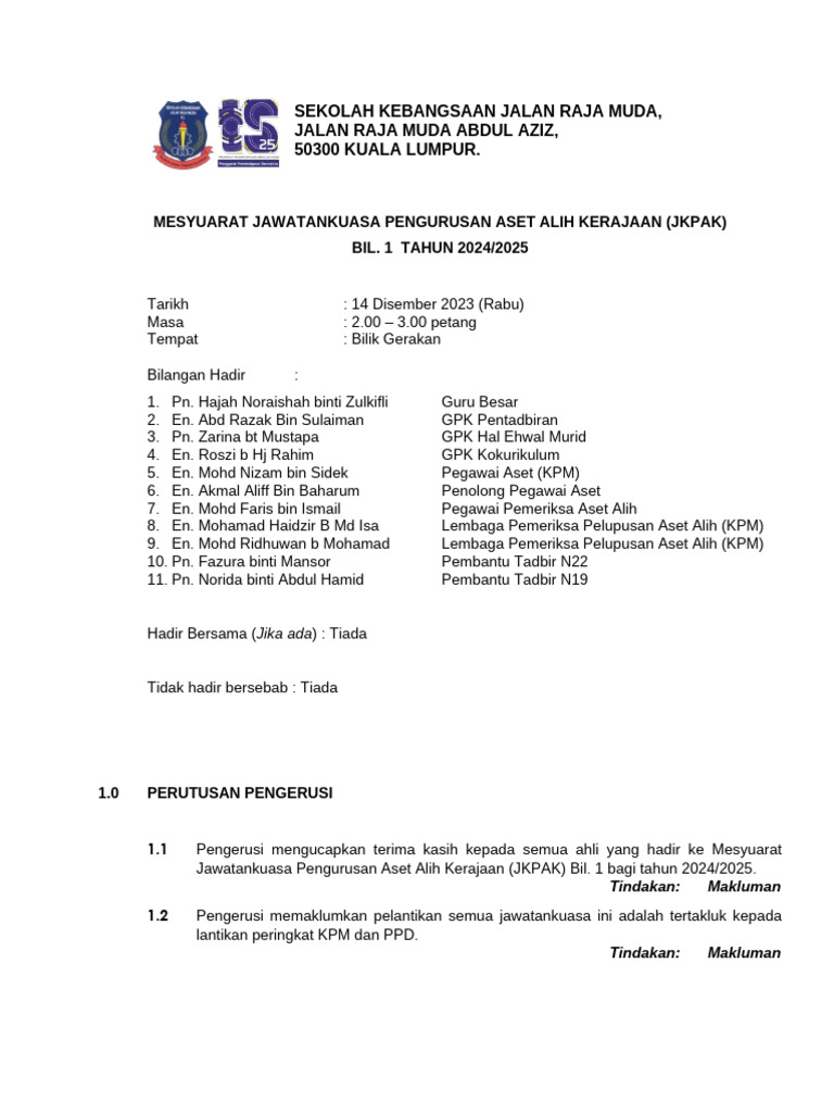 Minit Mesyuarat JKPAK Bil 1 2024 | PDF