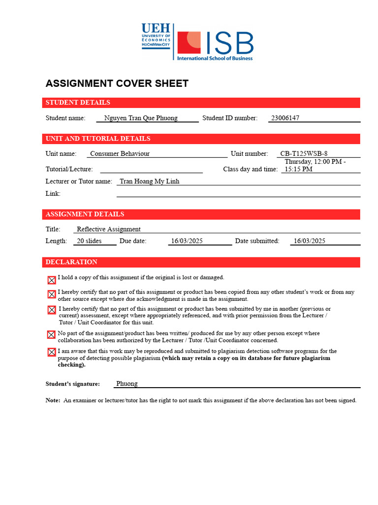 Reflective Assignment Cover Sheet | PDF