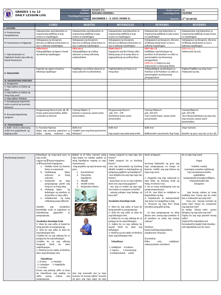 DLL - Filipino 6 - Q3 - W5 | PDF