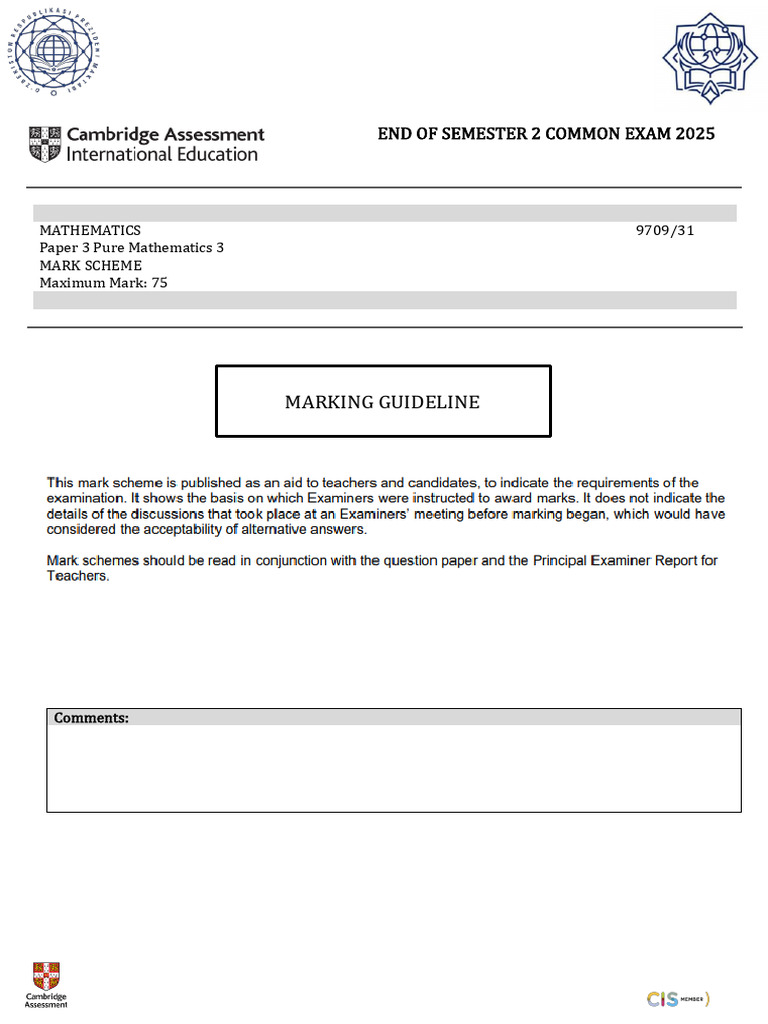 Pure Mathematics 3 Mark Scheme 2025 | PDF