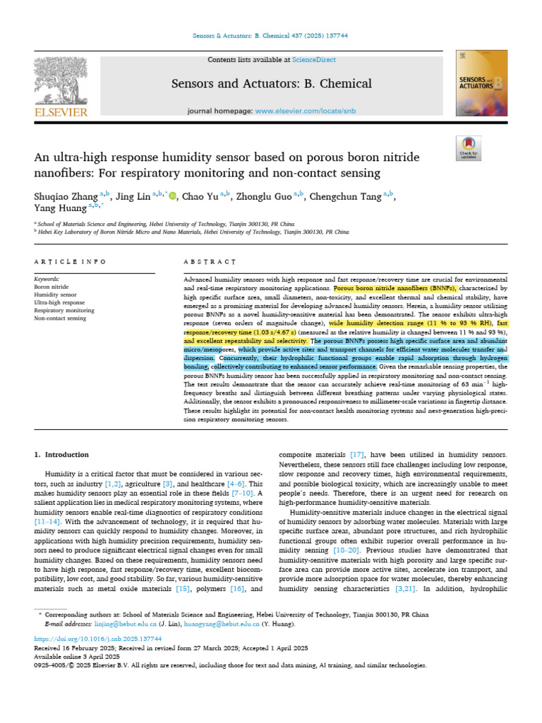 An Ultra-High Response Humidity Sensor Based On Porous Boron Nitride ...