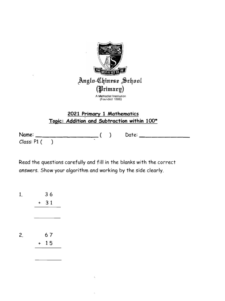Primary 1 Math: Addition & Subtraction | PDF