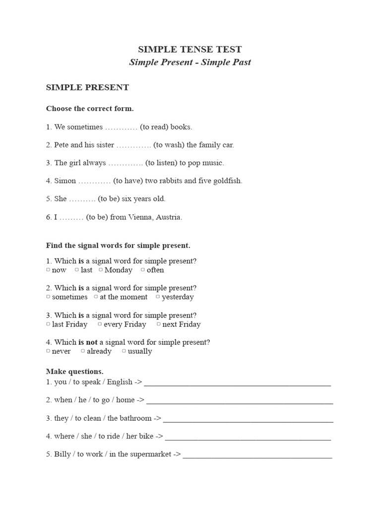 Simple Tense Test: Present & Past | PDF