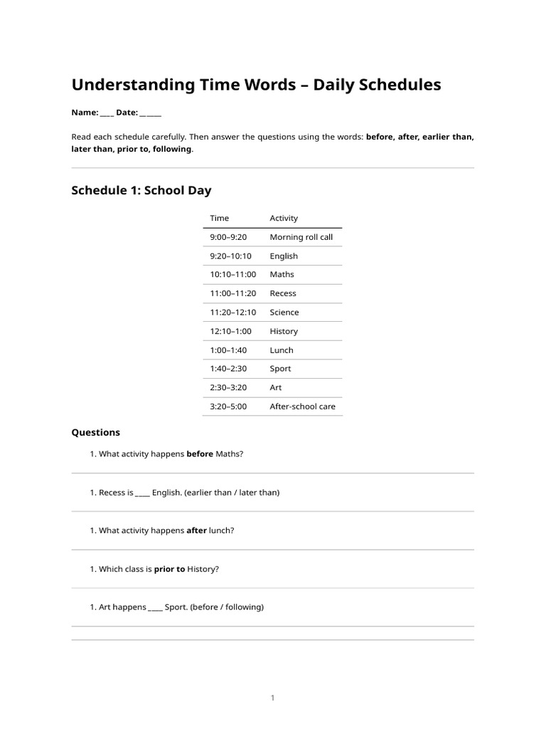 Understanding Time Words - Daily Schedules Worksheet | PDF