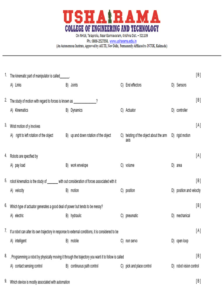 Industrial Robotics Exam Questions | PDF | Acceleration | Kinematics
