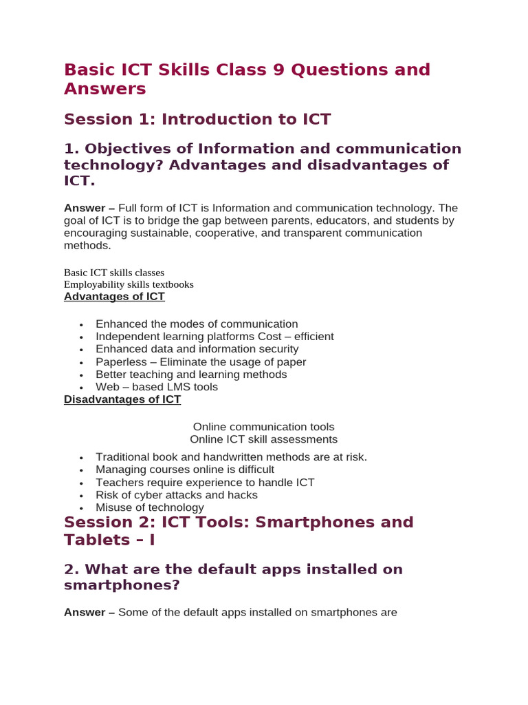 ICT Skills Class 9 Q&A Guide | PDF | Random Access Memory | Smartphone