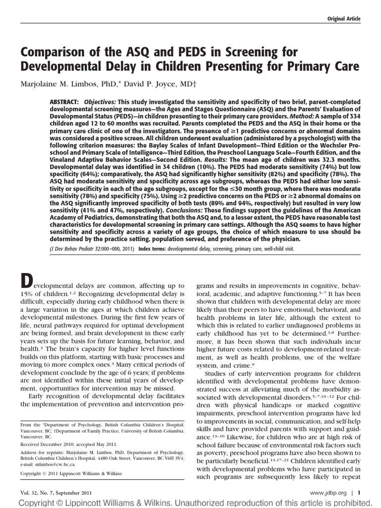 ASQ vs PEDS: Developmental Delay Screening | PDF | Sensitivity And ...