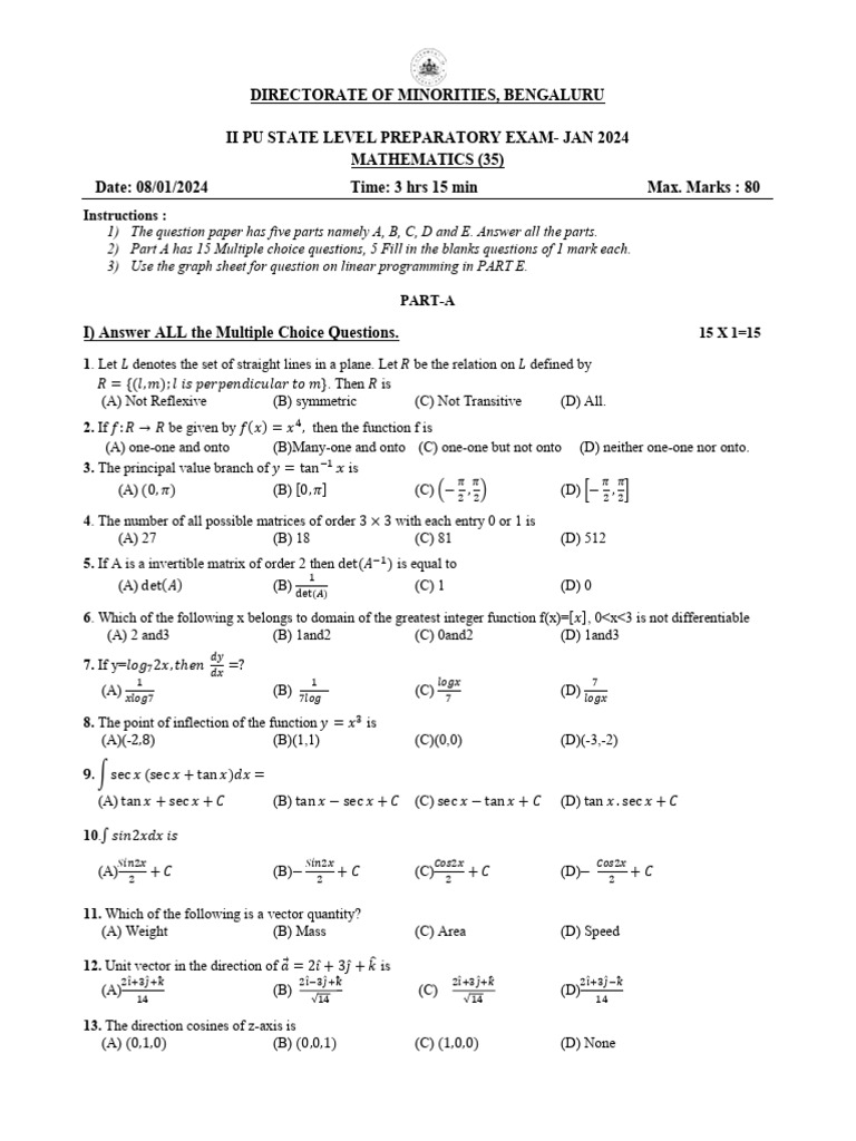 Mathematics Exam Paper - II PU State LE | PDF | Matrix (Mathematics ...