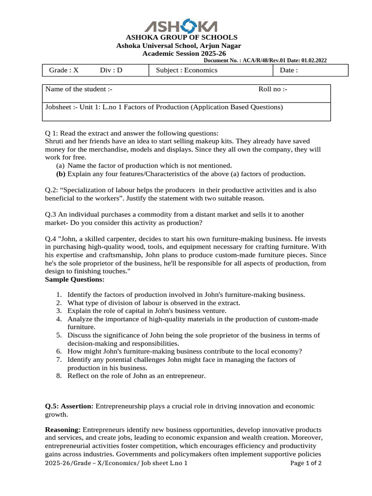 Economics Factors of Production Jobsheet | PDF | Entrepreneurship ...