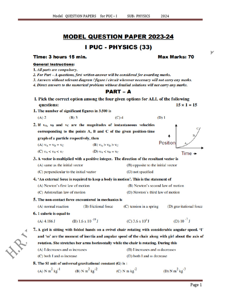 PUC I Physics Model Question Papers 2024 | PDF | Chess | Chess Theory