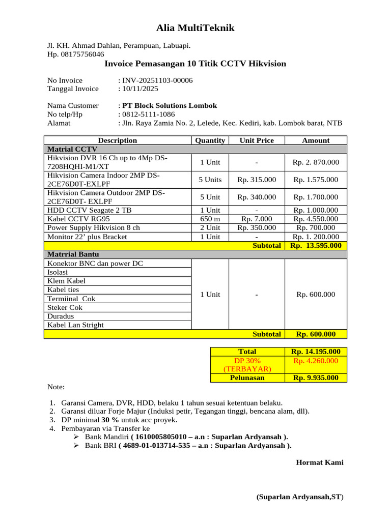 Invoice Pemasangan CCTV Hikvision | PDF