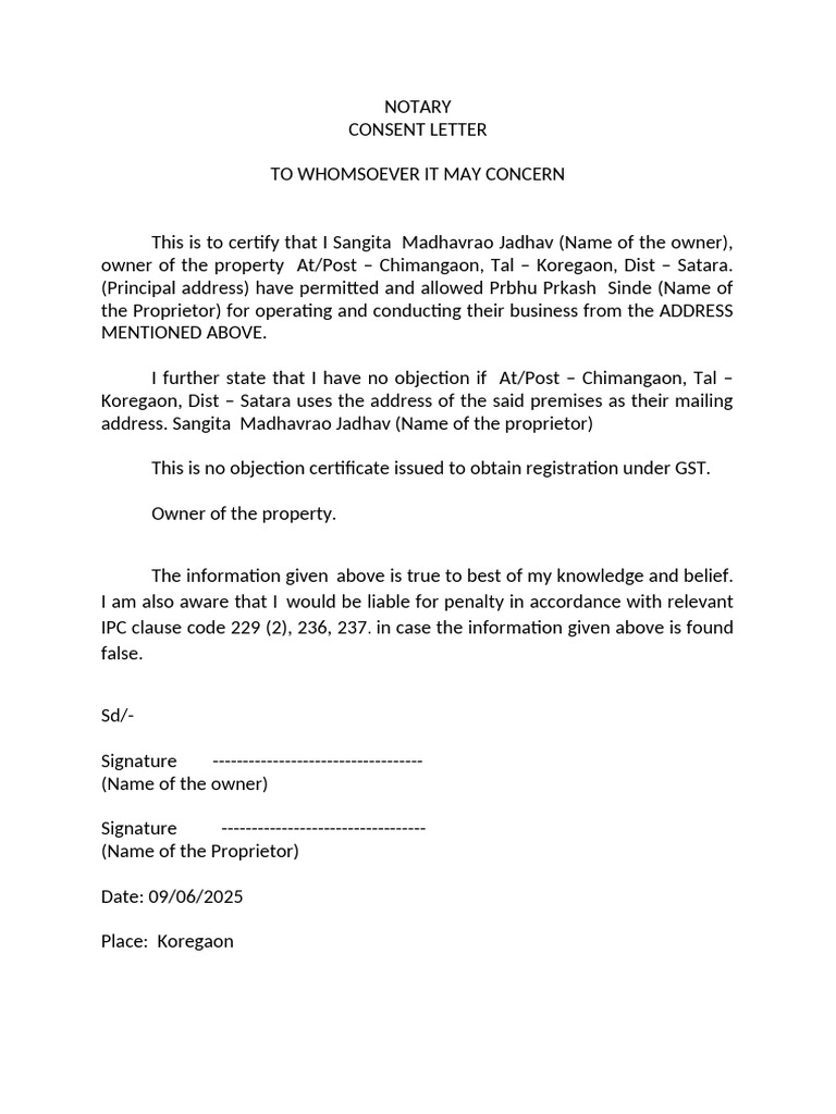 Notary Consent Letter for Business Use | PDF