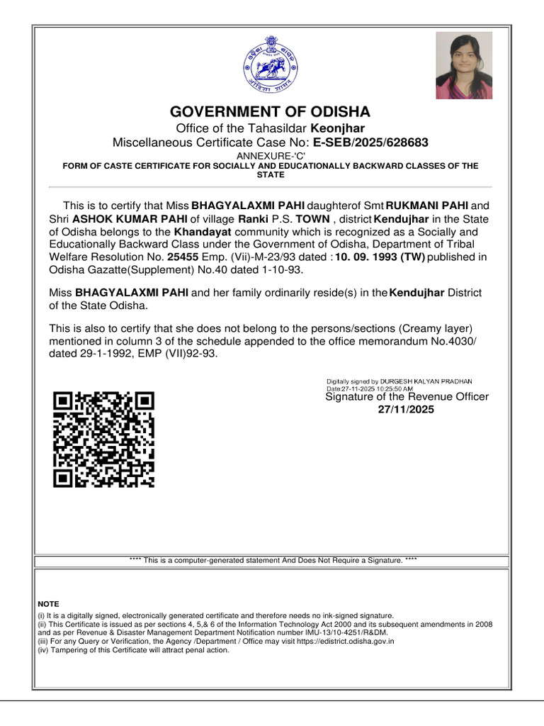 Odisha Caste Certificate for Khandayat | PDF